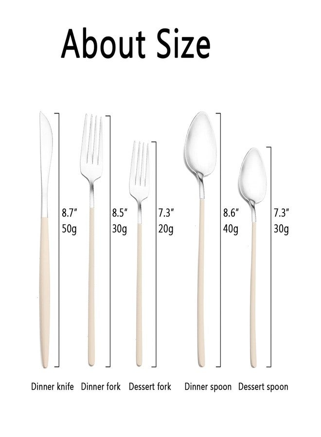 JASHII Slim Handle Silverware Set 20 Pieces, 304 Stainless Steel Colorful Flatware Set, Titanium Plating Cutlery Set, Utensil Sets for Home Dinner Service for 4, Dishwasher Safe - Beige&Silver - Image 3
